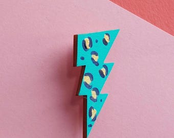 Leopard Print Lightning Bolt Brooch wooden