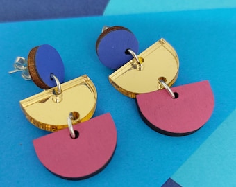 Colourful contrast semicircles dangly earring with gold mirror