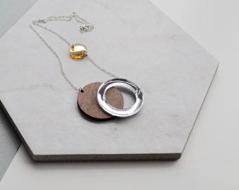 Circles Necklace in wood, silver mirror and gold mirror acrylic