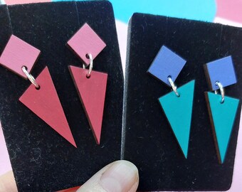 Colourful two tone triangle dangly earrings