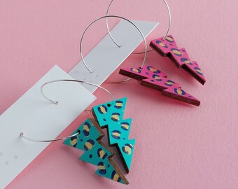 Leopard lightning bolt hoop earrings in painted wood