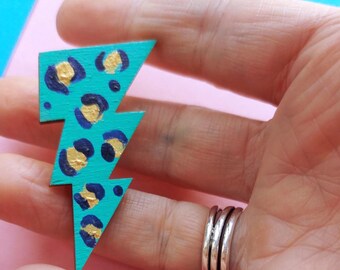 Leopard Print Lightning Bolt Brooch wooden