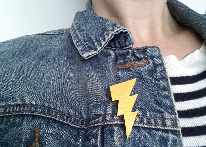 Colourful Lightning Bolt Brooch wooden Gold