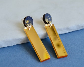 Gold Mirror drop earrings with navy and gold stud