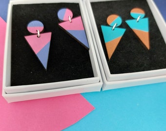Two tone dangly triangle stud earrings