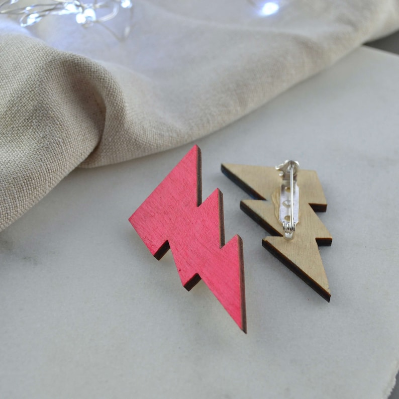 Colourful Lightning Bolt Brooch wooden Pink