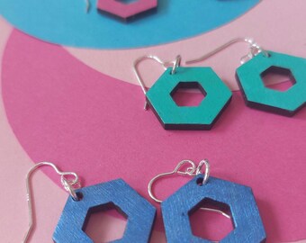 Colourful dangly open hexagon earrings