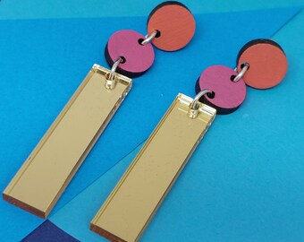 Colourful dot and gold mirror statement earrings