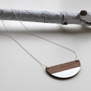 Semi Circle wooden necklace with silver leaf