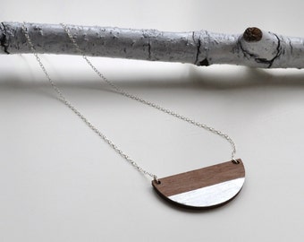 Semi Circle wooden necklace with silver leaf