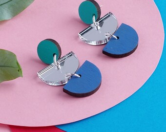 Turquoise and blue earring - semicircles dangly earring with silver mirror