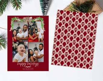 Girlande, Band und rote klassische Feiertags-Weihnachtsfotokarte