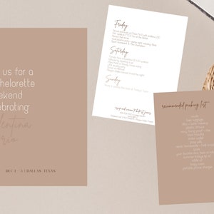 May include: A light brown invitation card with the text "join us for a bachelorette weekend celebrating Valentina Capria DEC 1-3 DALLAS TEXAS". A white card with a list of activities for a bachelorette weekend in Dallas, Texas. A light brown card with the text "recommended packing list" and a list of items to pack for a bachelorette weekend.