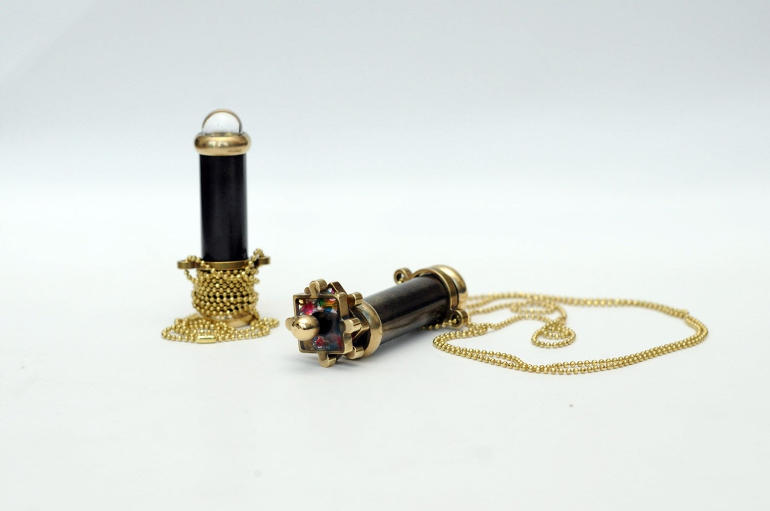 Brass Mini Teleidoscope Necklace - Handmade Kaleidoscope Pendant With Leather Cord