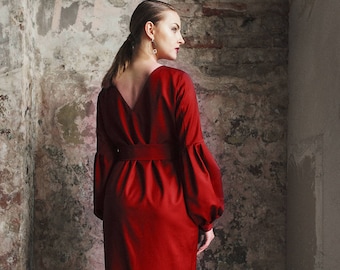 Robe rouge à manches longues, robe bleue, robe de bureau, robe femme, robes pour femme, robe à manches longues