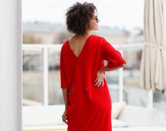 Elegant red summer dress midi knee length dress