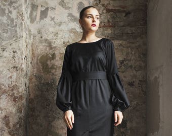 Black dress with full sleeves, midi dress, office dress, womans dress, dresses for woman, full sleeve dress