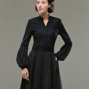 Black Chiffon Bishop Sleeve Blouse - High Collar Victorian Goth Top