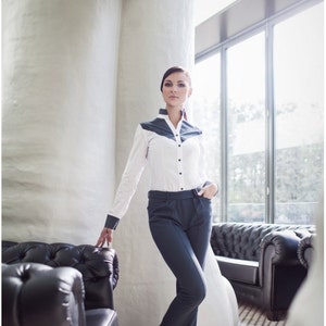 Woman's shirt, woman tops, blouse, grey and white shirt, designer blouse, cotton shirt, office blouse, made to order 画像 2