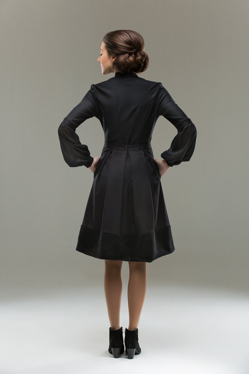Black pleated midi skirt with wool trim MARIA, knee length skirt, midi skirt, made to order, winter skirt, black skirt image 1