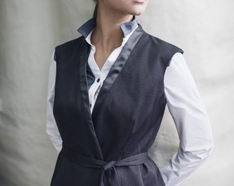 Chaleco de mezcla de lana: Blazer azul oscuro sin mangas, capas minimalistas