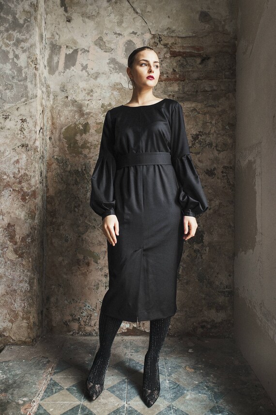 Wool Midi Dress, Bishop Sleeves - Architectural Minimalist Gothic Chic