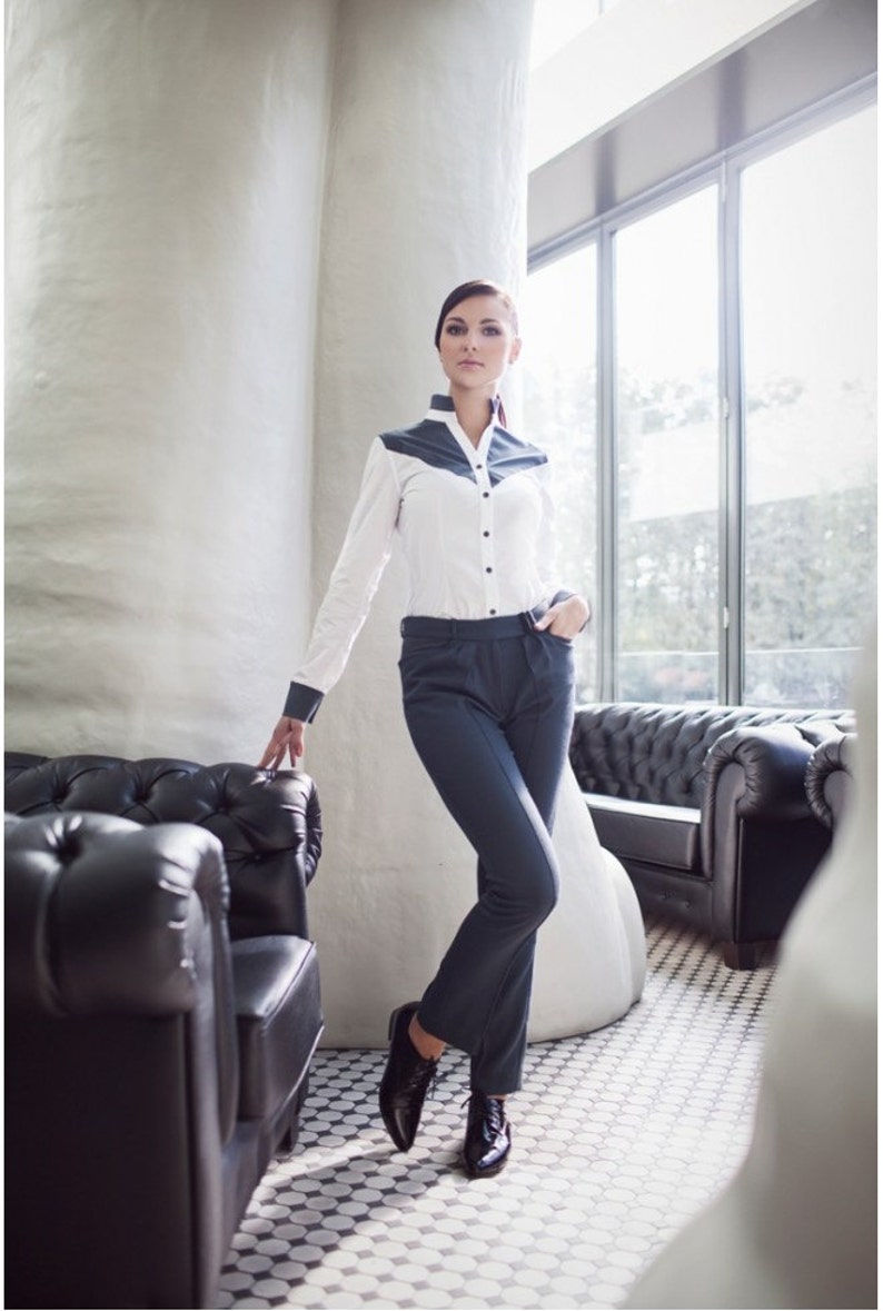 Woman's shirt, woman tops, blouse, grey and white shirt, designer blouse, cotton shirt, office blouse, made to order 画像 2