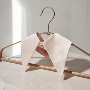 Könnte beinhalten: Ein hellrosa abnehmbarer Kragen mit spitzem Design, präsentiert auf einem Holzbügel mit einem silbernen Haken. Der Kragen besteht aus einem weichen, möglicherweise samtartigen Material und ist vorne geknöpft.