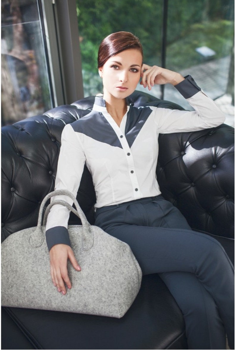 Woman's shirt, woman tops, blouse, grey and white shirt, designer blouse, cotton shirt, office blouse, made to order 画像 1