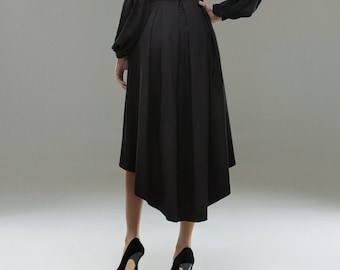 Black pleated asymmetric midi skirt VIOLA ONLY CUSTOM order/ elegant skirt / midi skirt / exclusive skirt