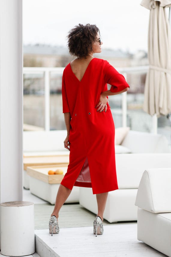 Red Viscose Midi Dress, Metal Eyelet Detail, Modernist Gown