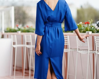 Elegant electric blue summer dress midi knee length dress