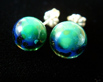 Stud Earring Pair - Green Teal Speckled - Weelainy Lampworked Glass - Borosilicate (SE3)