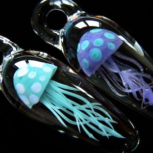 Glass Jellyfish Pendant - Polka Purple Teal  - Weelainy Lampworked Glass - Boro Borosilicate (AB18/19)