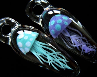 Glass Jellyfish Pendant - Polka Purple Teal  - Weelainy Lampworked Glass - Boro Borosilicate (AB18/19)