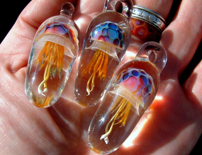 Jellyfish Pendant MADE TO ORDER Rainbow Golden Weelainy Lampworked Glass image 4