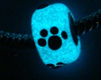 Big Holed Bead for charm bracelet - GLOW IN DARK - paw bead - 925 Silver Lined