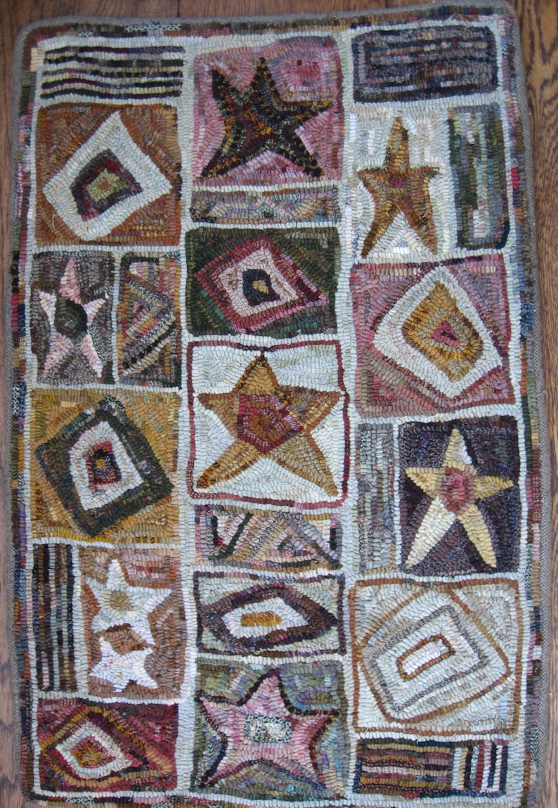 NorthwestFolkDesign Hand Hooked Rug Stars Squares Pattern by Mar NorthwestFolkDesign Hand Hooked Rug Stars Squares Pattern by Mar