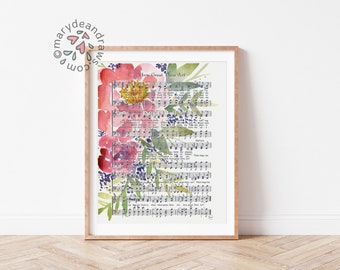 May include: A watercolor painting of pink and yellow flowers on a vintage sheet music background. The music is for the hymn "How Great Thou Art".