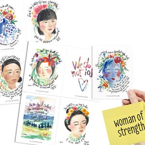 PRINTABLE DIGITAL DOWNLOAD Scripture &quot;Woman of Strength&quot; Watercolor Hand-lettered Bible Verse Card Set of 8 Cards + 8 Notes