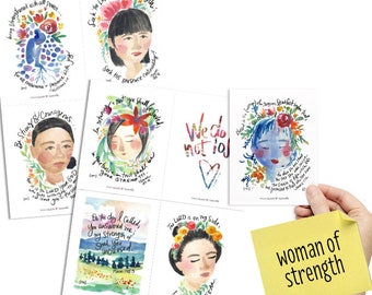 May include: Set of eight watercolor illustrations featuring women with floral crowns and inspirational quotes. The quotes include "Be Strong & Courageous", "See the Lord & His Strength", "In returning & rest you shall be saved", "We do not joy", "Blessed is the woman who trusts in the Lord", "On the day I called you answered me", "The Lord is on my side", and "Woman of Strength".