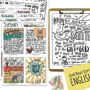 Printable Digital Download | Hand-drawn Good News Story Scripture Memory Cards and Coloring Pages Set | 24 Cards and Coloring Pages | ESV