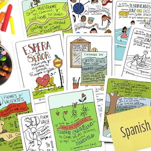 PRINTABLE Hand-drawn SPANISH Scripture Card Bible Verse Set with 8 Mini Bible Coloring Pages LBLA version // Digital Download