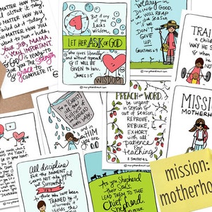 PRINTABLE Hand-drawn Mission: Motherhood Bible Verse Scripture Card Set of 8 + Printable Mom Encouragement Card and Scripture Set Cover