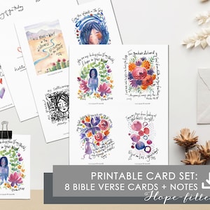 DESCARGA DIGITAL IMPRIMIBLE Escritura "Llena de esperanza" Acuarela Carta de versículos bíblicos con letras a mano Conjunto de 8 cartas + 8 notas