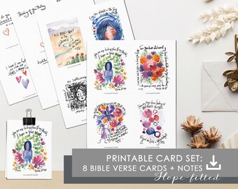 May include: Printable set of eight watercolor cards featuring inspirational bible verses and floral illustrations. Each card has a different verse and design. The cards are perfect for encouraging friends and family.