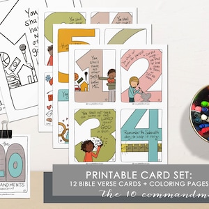 Cartões de versículos bíblicos de 10 MANDAMENTOS desenhados à mão para impressão (cor) com páginas para colorir // DOWNLOAD DIGITAL