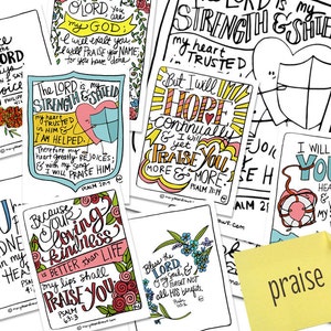 AFDRUKBARE handgetekende loftekst kaart bijbelvers set met 8 kleurplaten//digitale download