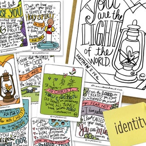 Printable Hand-drawn IDENTITY Scripture Memory Bible Verse Cards with Coloring Pages + free 8x10 // DIGITAL DOWNLOAD