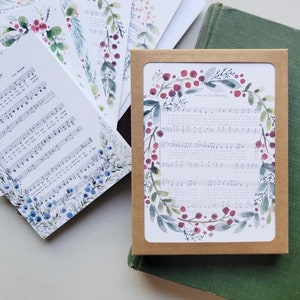 Juego de 9 tarjetas de felicitación con himno navideño en acuarela